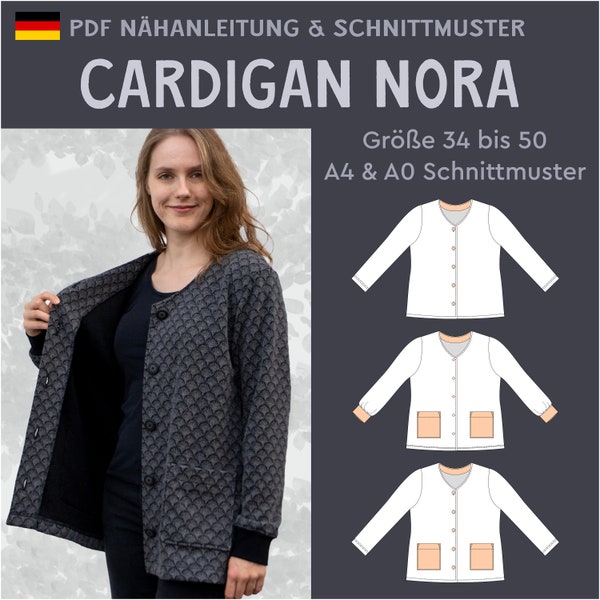 PDF Sewing Pattern Cardigan with Button Placket and Pockets Nora Cardigan eBook Sewing Instructions German Size 34 to 50 V-Neck Sweat Jersey