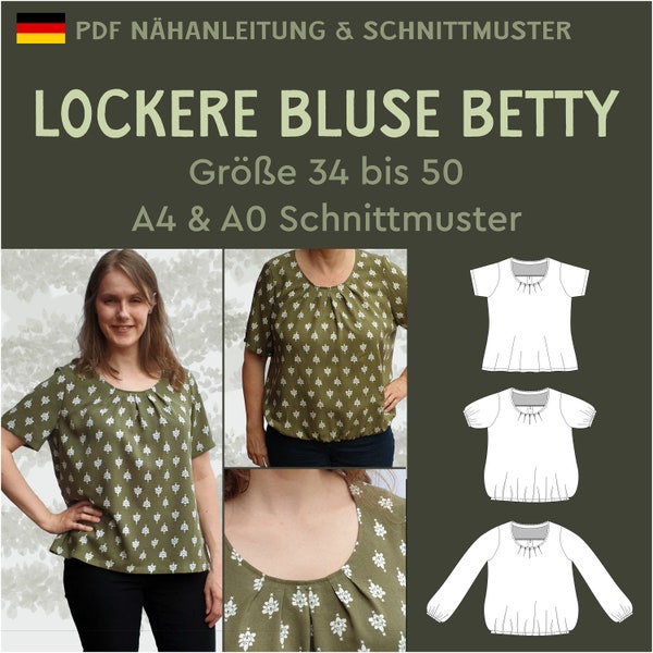 PDF Schnittmuster lockere Bluse Betty mit Falten im Ausschnitt Rundhalsausschnitt Boho eBook deutsche Nähanleitung schicke Tunika für Büro