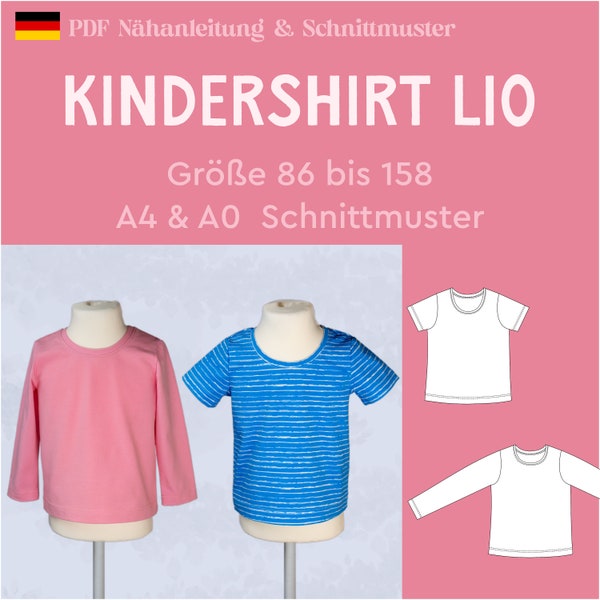 PDF Schnittmuster Lio Basicshirt für Kinder Shirt Jungen und Mädchen Langarmshirt Basic Kinder Jersey Bündchen eBook  nähen Gr. 86 bis 158