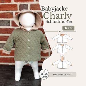 Mönster för jacka Charly PDF EU 44-98 / US Preemie-3T Vändbar jacka Babytopp Småbarnssömnad Huva Sjömanskrage A4 A0 A1 E-bok Brev