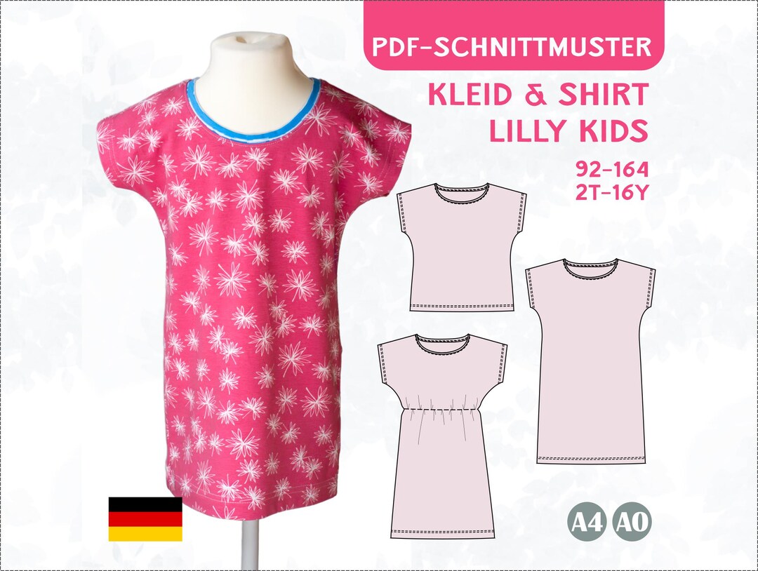 Patrón de costura Lilly Kids PDF EU 92-164 US 2-16 Vestido