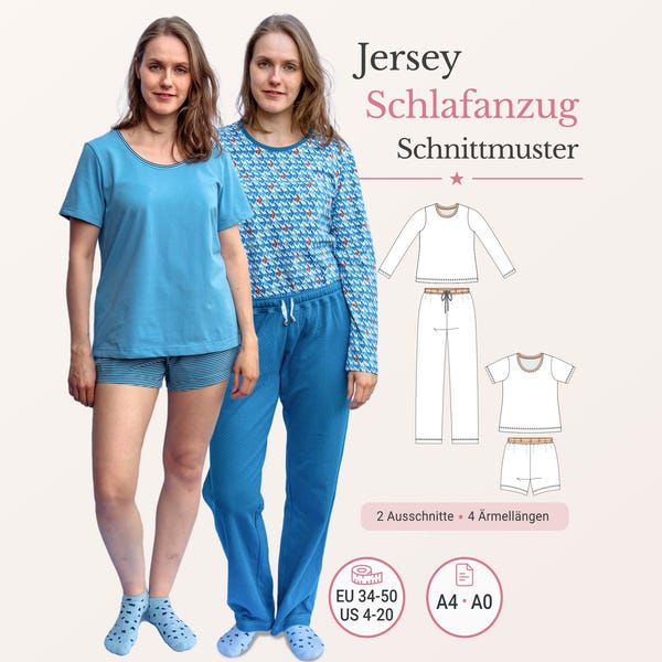 Women Pajama Sewing Pattern pdf Jersey Sleepwear Set Shirt Pants Shorts eu 34-50 us 4-20 A4 A0 German Instructions