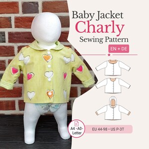 May include: A light green baby jacket with a heart pattern, displayed on a mannequin. The jacket has a collar and button closure. The image includes the text "Baby Jacket Charly Sewing Pattern" and size information.