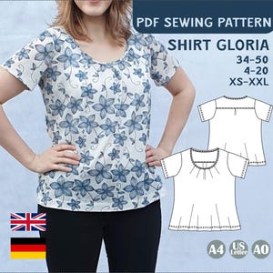 Patrón de costura Camisa Gloria PDF EU 34-50 / US 4-20 Camisa de jersey con pliegues canesú pliegue de caja costura manga corta 3/4 7/8 manga larga A4 A0 Carta eBook