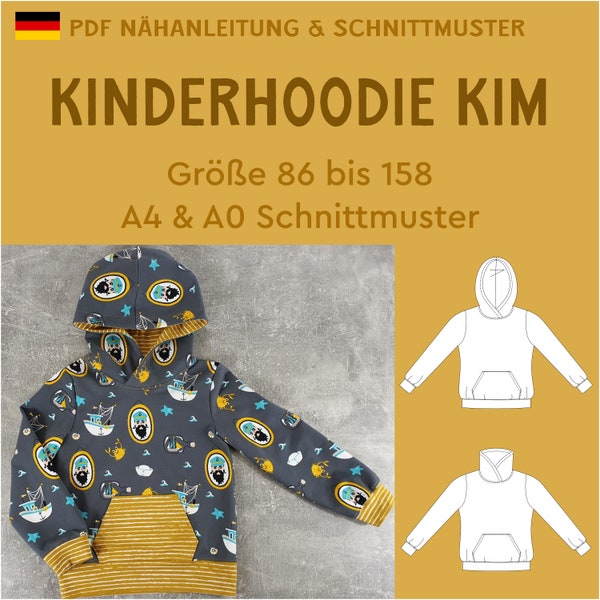 PDF Schnittmuster Kinderhoodie Kim mit Wickelkragen und Kapuze Kapuzenpulli Junge Mädchen eBook deutsche Nähanleitung kinderkleidung Jersey