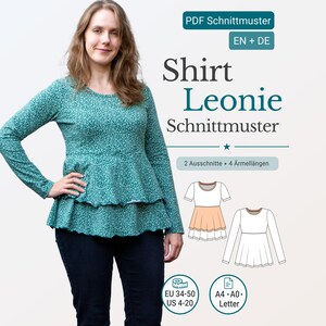 Puede incluir: Una mujer con una camisa de manga larga con estampado floral turquesa con diseño peplum. La imagen incluye el texto "Shirt Leonie Schnittmuster" e información de tallas. También se muestran dos ilustraciones de diseño de camisa.