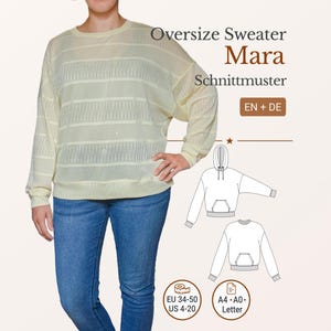 Könnte beinhalten: Eine Frau trägt einen hellgelben Oversize-Pullover mit horizontalem Streifenmuster und eine blaue Jeans. Das Bild enthält den Text "Oversize Sweater Mara Schnittmuster EN + DE" und Größenangaben für EU und US.