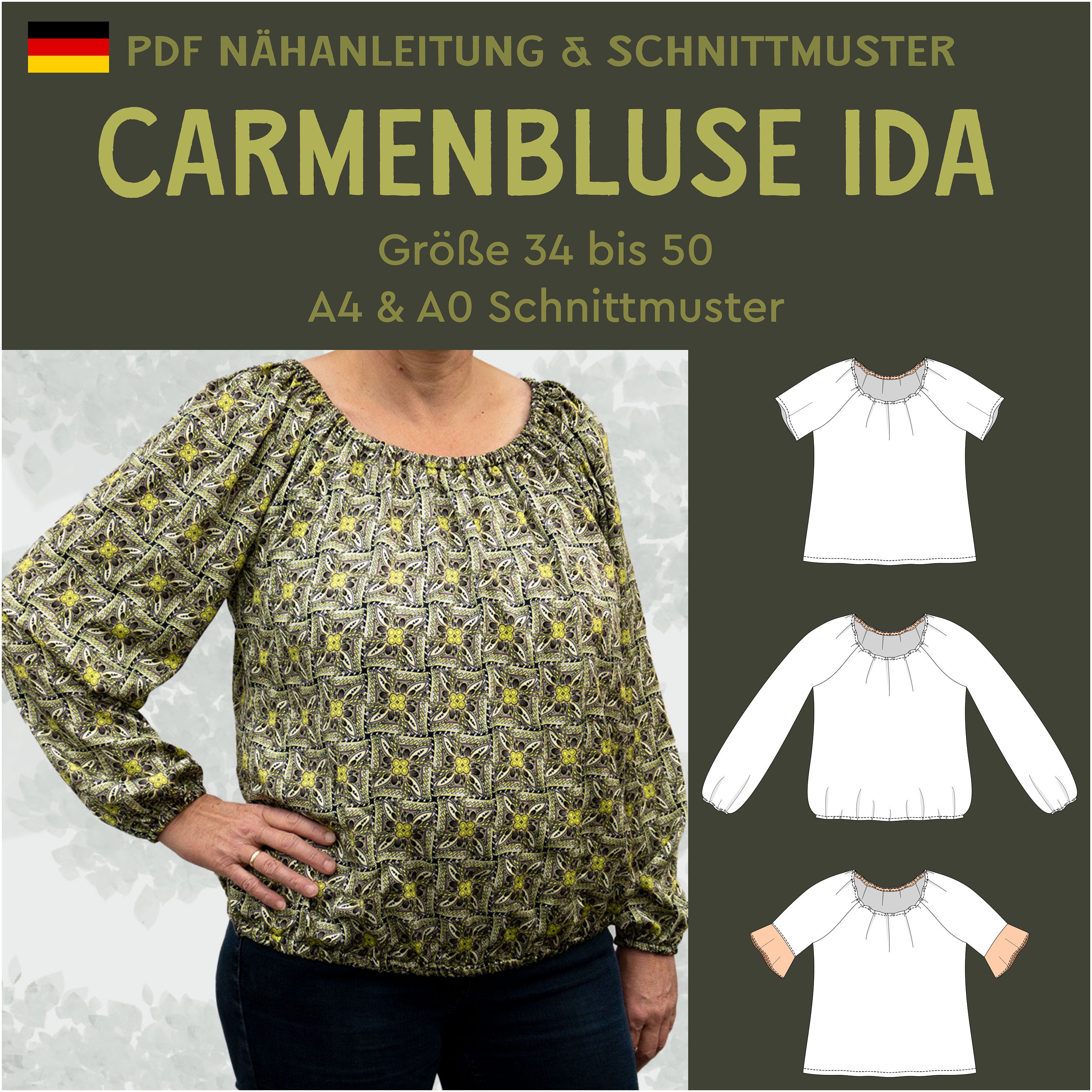 34 Straight Sleeves Blouse Sleeves Frill With Sizes Instructions Ebook German Gathering 50 - Peasant Sewing in to Ida PDF PDF Pattern Etsy Elastic