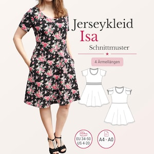 May include: A black dress with a floral pattern of pink roses and green foliage. The dress features short sleeves, a scoop neck, and pockets. The image includes a dressmaking pattern, with text reading "Jerseykleid Isa Schnittmuster".
