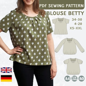 Patrón de costura de blusa PDF para damas, top con pliegues, manga larga, manga corta, 3/4, 7/8, canesú con banda elástica, costura para principiantes, A4, EU 34-50, US 4-20 Betty
