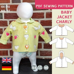 Patrón de costura chaqueta reversible chaqueta de bebé chaqueta infantil chaqueta con capucha costura PDF Ebook principiantes EU 44-98 US Preemie-3T chaqueta sin cremallera Charly
