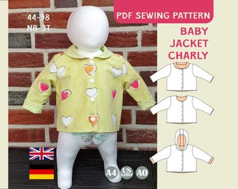 Schnittmuster Wendejacke Babyjacke Kinderjacke Kapuzenjacke Nähen PDF Ebook Anfänger EU 44-98 US Preemie-3T Jacke ohne Reißverschluss Charly