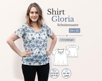 Shirt Sewing Pattern pdf Gloria Women Jersey Top with Pleats Short Sleeve Long Sleeve eu 34-50 us 4-20 A4 A0 Letter German English
