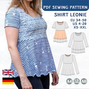Patrón de costura para camisa de jersey estilo imperio con capas y peplum para mujer, PDF, A4, A0, Carta, libro electrónico, tallas EU 34-50 / US 4-20, top con volantes Leonie