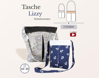 Patrón de costura para bolso Lizzy PDF Bolso de mano tipo shopper con pliegue de caja, cremallera, cierre magnético, 2 tamaños, vídeo A4 A0 Alemán