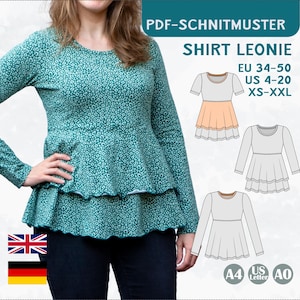Padrão de costura camisa em camadas PDF mulheres UE 34-50 EUA 4-20 camisa jersey linha império camisa curta A4 A0 (somente carta em inglês) eBook digital Leonie