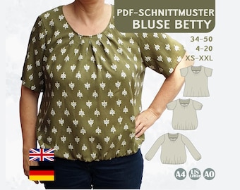 PDF Sewing Pattern Women Blouse Pleats Loose Fit Balloon Sleeve Office Chic Elegant Outfit Sew Beginner A4 A0 Digital EU 34-50 US 4-20