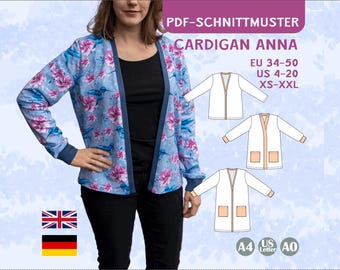 PDF sewing pattern cardigan Anna EU 34-50 US 4-20 open front jacket sewing pockets cuffs jersey sweat jacket long short 3 length A4 A0 eBook
