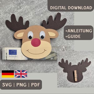 Svg dxf png pdf Bastelanleitung Elchkopf Rentier Weihnachten Plottdatei Geschenk Deko Karte DIY Papier digitaler Download Bastelvorlage