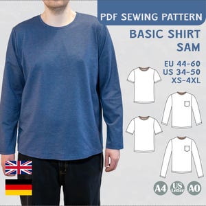 May include: A PDF sewing pattern for a basic long-sleeve shirt called "Sam". The pattern includes sizes EU 44-60, US 34-50, XS-4XL. The pattern is available in A4, US Letter, and A0 sizes.