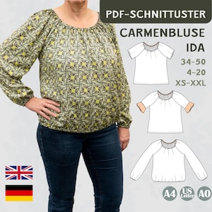 Patrón de costura blusa Carmen PDF blusa mujer costura verano blusa playa blusa hombros descubiertos volante mangas boho A4 A0 Ida Ebook EU 34-50 US 4-20 Ida