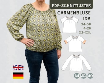 PDF Sewing Pattern Off Shoulder Blouse Women Summer Top Beach Blouse Boho Ruffle Sleeve Flowy Tunic A4 A0 Letter Digital pdf EU34-50 US 4-20