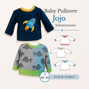 May include: Two baby pullovers are displayed. One is navy blue with a rocket ship applique, the other is gray with a repeating pattern. The image also includes the text "Baby Pullover Jojo Schnittmuster" and size information.