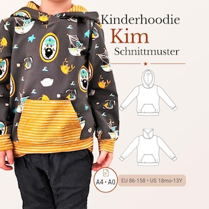 May include: A grey children's hoodie with a pirate-themed design, including cartoon ships, pirates, and sea creatures. The front pocket and hood lining are yellow with horizontal stripes. Text reads "Kinderhoodie Kim Schnittmuster".