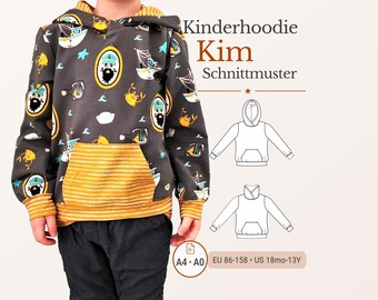 Kids Hoodie Sewing Pattern pdf Kim Hooded Sweatshirt Cowl Neck Kangaroo Pocket eu 86-158 us 18mo-13Y A4 A0 German Instructions