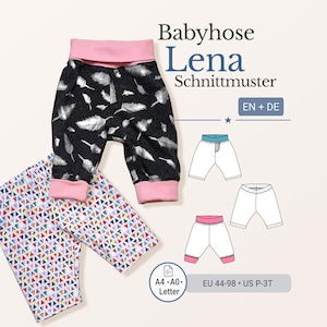 May include: Baby pants with a black background and white feather pattern, pink cuffs and waistband. Another pair of pants with a colorful triangle pattern. The text "Babyhose Lena Schnittmuster" is displayed.