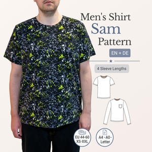 May include: A black t-shirt with a colorful splatter pattern of yellow, gray, and white. The shirt is part of the "Sam Pattern" collection, with options for 4 sleeve lengths. The image also includes size information for EU 44-60 and XS-XXL.
