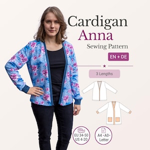PDF Sewing Pattern Women Cardigan Jacket Long Sleeve Knit Sweatshirt Pockets Cuffs Band Beginner A4 A0 Digital EU 34-50 US 4-20