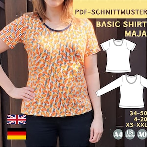 Patrón de costura Maja PDF EU 34-50 US 4-20 camisa de mujer costura jersey manga larga manga corta top ajustado básico principiante A4 A0 Carta eBook