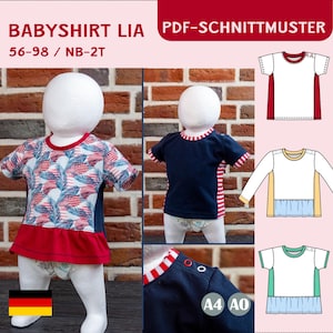 Schnittmuster Babyshirt PDF Jerseyshirt für Babys Gr. 56-98 mit Knopfleiste oder Saumrüsche Langarm Kurzarm A4 A0 Digital eBook Lia