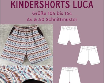 PDF Schnittmuster Kindershorts Luca Shorts für Kids mit Gummizug Hosentaschen eBook Nähanleitung deutsch 104 bis 164 kurze Hose Sport Sommer