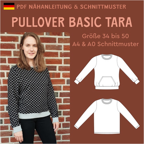 PDF Pattern Pullover Tara Round Neckline Suitable for Beginners Basic Cuff Sweater PDF Sewing pattern & Instructions German Sizes 34 to 50