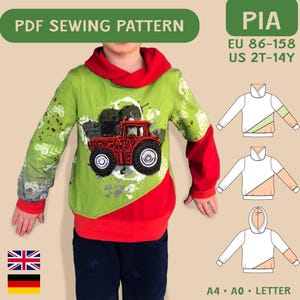 PDF Sewing Pattern Kids Hoodie EU 86-158 US 2T-14 Pullover with Hood Wrap Collar Color Block Sweatshirt A4 A0 Digital eBook cm