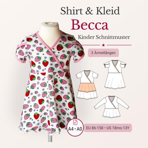 Op de afbeelding: Een wikkeljurk voor kinderen met aardbeienpatroon, gepresenteerd op een mannequin. De jurk heeft een witte basis met roze aardbeien en roze afwerking. De tekst "Shirt & Kleid Becca Kinder Schnittmuster" en maatvoering zijn inbegrepen.