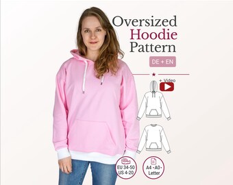Women Oversized Hoodie Sewing Pattern Mika pdf Sweater Pullover Dropped Shoulder Kangaroo Pocket Video EU 34-50 US 4-20 A4 A0 Letter En De