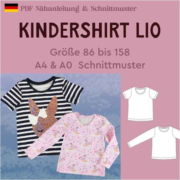 PDF Schnittmuster Lio Basicshirt für Kinder Shirt Jungen und Mädchen Langarmshirt Basic Kinder Jersey Bündchen eBook  nähen Gr. 86 bis 158