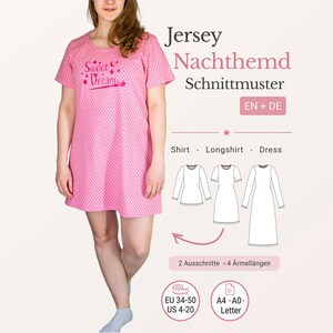 May include: A pink polka-dot nightgown with short sleeves and the text "Sweet Dreams" on the chest. The image also includes a diagram of the nightgown and size information.