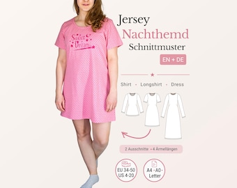 Women Nightgown Sewing Pattern pdf Sleep Shirt Long Shirt Jersey Dress EU 34-50 US 4-20 A4 A0 Letter German English