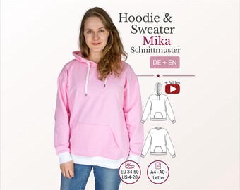 Oversized Hoodie Sewing Pattern Mika pdf Women Sweater Pullover Dropped Shoulder Kangaroo Pocket Video EU 34-50 US 4-20 A4 A0 Letter En de