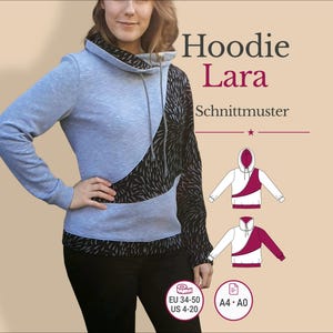 Mönster för hoodie Lara (PDF) Damhoodie med omlottkrage, prinsessömmar, tygblandning EU 34-50 US 4-20 A4 A0 Tyska