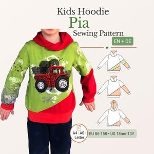 May include: A green and red kids' hoodie with a tractor graphic. The hoodie features a red hood and sleeves, with a green body adorned with a red tractor design. The text "Kids Hoodie Pia Sewing Pattern" is visible.