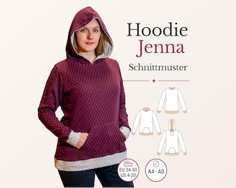 Women Hoodie Sewing Pattern Jenna pdf Pullover Sweatshirt Hood Cowl Neck Kangaroo Pocket EU 34-50 US 4-20 A4 A0 German Instructions