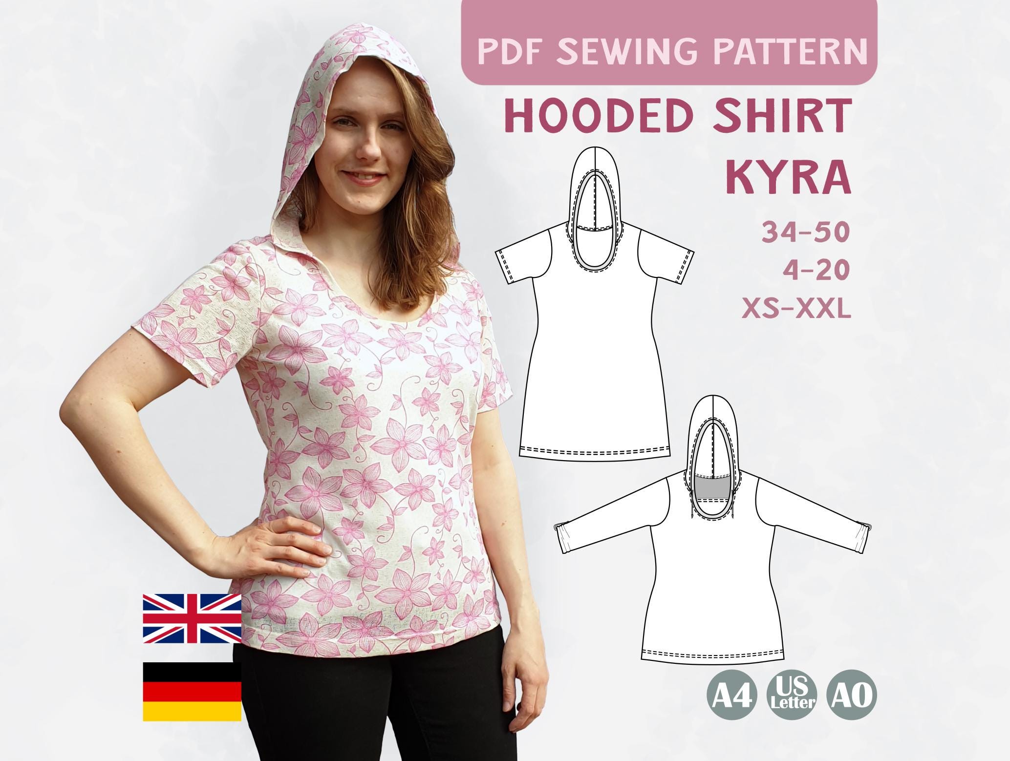 Schnittmuster Shirt Kyra PDF EU 34-50 / US 4-20 Enges Shirt Nähen Kapuze Longshirt Jersey Langarm 3/4 7/8 Kurzarm A4 A0 eBook