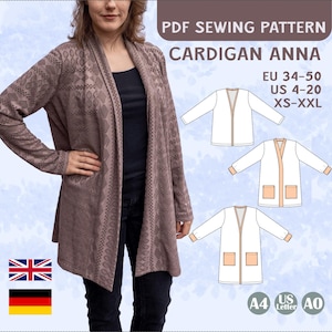 PDF Sewing Pattern Women Cardigan Jacket Long Sleeve Knit Sweatshirt Pockets Cuffs Band Beginner A4 A0 Digital EU 34-50 US 4-20