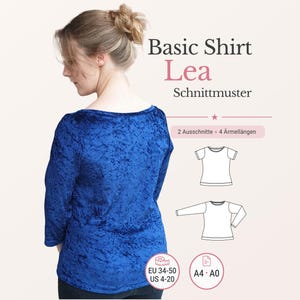 May include: A blue crushed velvet long-sleeve shirt with a wide neckline. The image includes text reading Basic Shirt Lea Schnittmuster, 2 Ausschnitte 4 Ärmellängen, and size indicators EU 34-50 US 4-20, alongside line drawings of shirt variations.