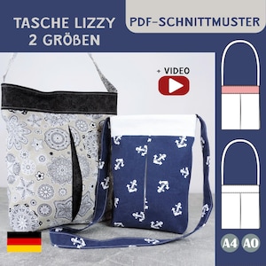 PDF sewing pattern bag Lizzy small large tote sew pleats contrast panel zipper lined fabric scraps crossbody purse A4 ebook video tutorial